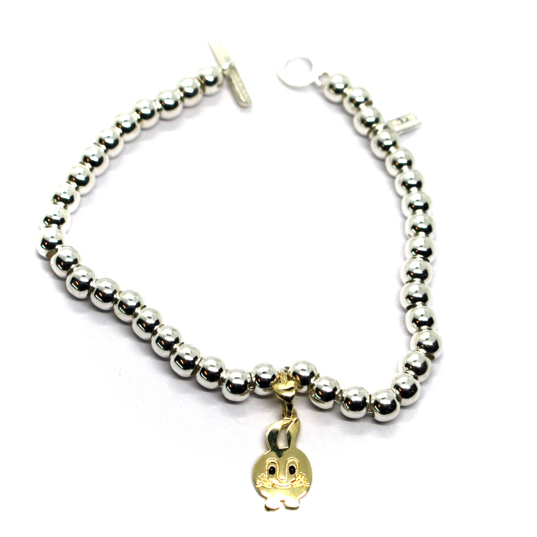 925 STERLING SILVER SPHERES BRACELET, 9K YELLOW GOLD 15mm PUPPY BUNNY PENDANT.