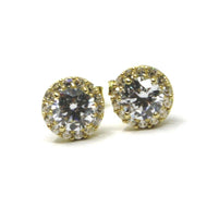 18K YELLOW GOLD BUTTON EARRINGS CUBIC ZIRCONIA ROUND WITH FRAME FLOWER SUN 7 MM.