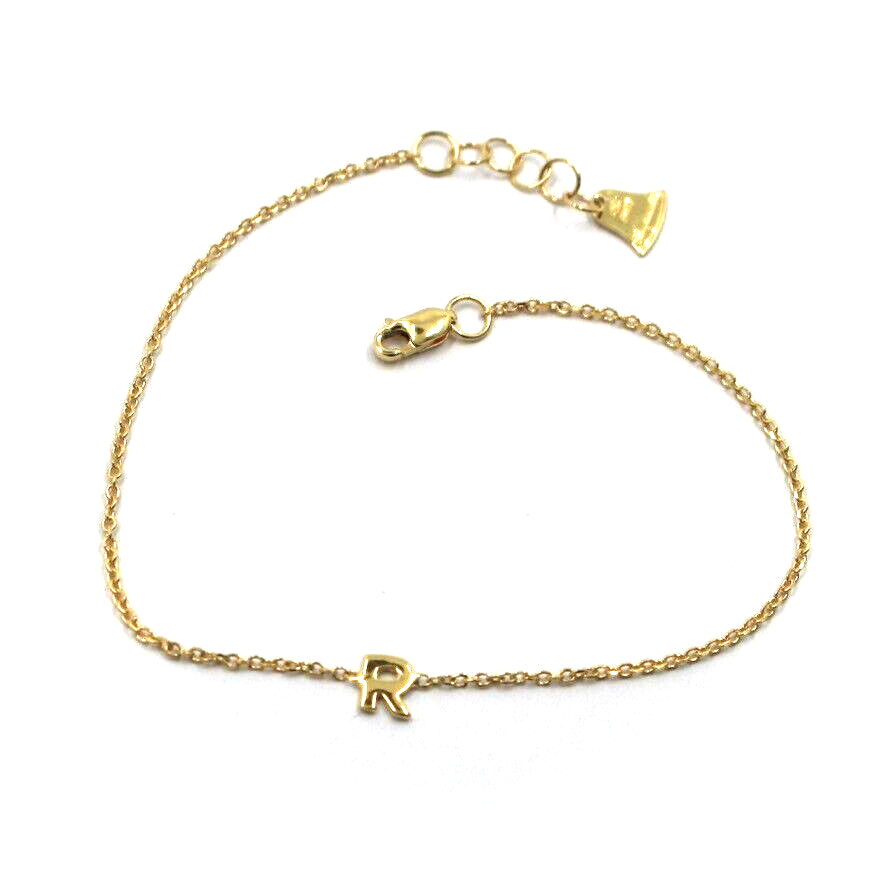 18k yellow gold rolo thin bracelet with central small 5mm letter initial R.