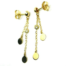Load image into Gallery viewer, 18K YELLOW GOLD PENDANT EARRINGS, DOUBLE WIRES WITH DISCS &amp; ZIRCONIA 1.5 INCHES
