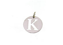 Load image into Gallery viewer, 18k white gold round medal with initial K letter K made in Italy diameter 0.5 in.
