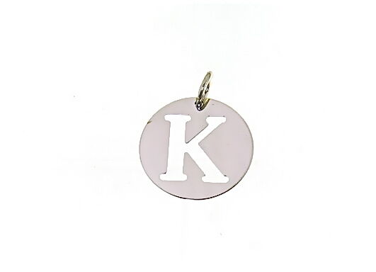 18k white gold round medal with initial K letter K made in Italy diameter 0.5 in.