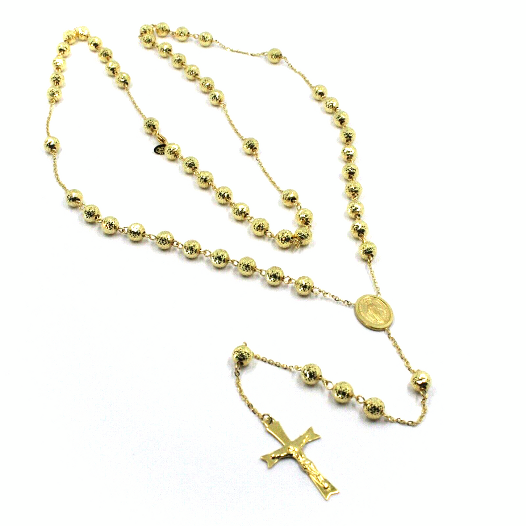 18k yellow gold rosary necklace miraculous medal Jesus Cross diamond cut spheres.