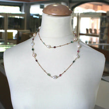 Load image into Gallery viewer, 18k rose gold long necklace rolo chain, big 12mm pearls &amp; tourmaline drops 35.4&quot;.
