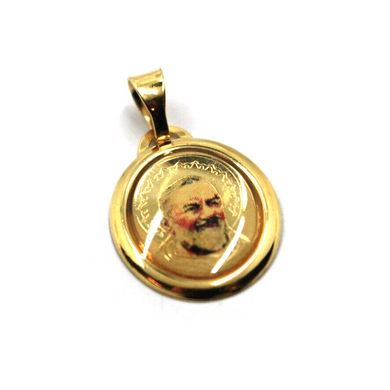 18k yellow gold enamel oval medal pendant 17x15mm Saint Padre Pio Pietrelcina.