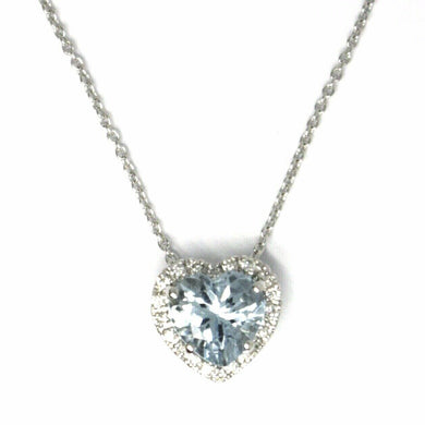 18k white gold necklace love heart pendant aquamarine diamonds frame rolo chain.