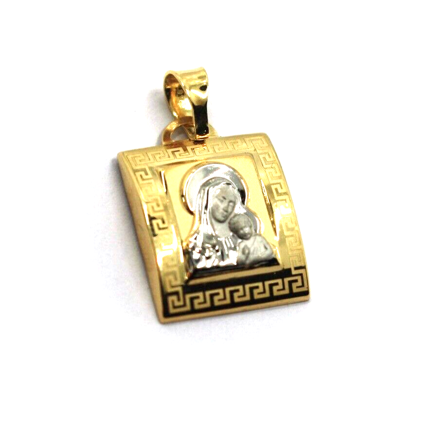 18k yellow white gold square 15mm medal pendant with frame, Virgin Mary Jesus.