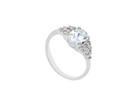 18K WHITE GOLD SOLITAIRE TRILOGY ENGAGEMENT RING WITH 6x5mm OVAL CUT ZIRCONIA.