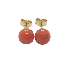 Load image into Gallery viewer, 18k yellow gold balls spheres red coral button earrings, 8mm, 0.31 inches.
