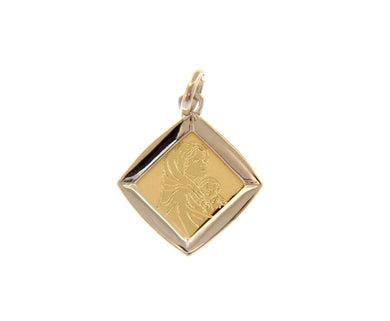 18K YELLOW WHITE GOLD RHOMBUS MEDAL 14mm PENDANT, VIRGIN MARY JESUS, ITALY MADE.