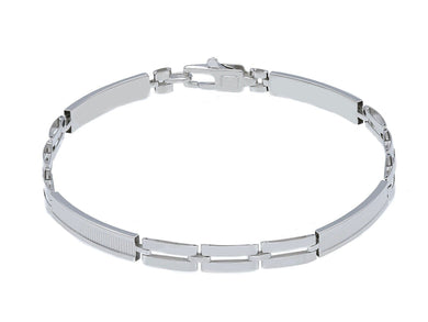 18K WHITE GOLD MAN SEMI RIGID BRACELET ALTERNATE 4mm FLAT SMOOTH STRIPED PLATES.