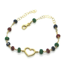 Load image into Gallery viewer, 18k yellow gold heart bracelet, faceted green emerald, red ruby, blue sapphire.
