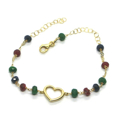 18k yellow gold heart bracelet, faceted green emerald, red ruby, blue sapphire.