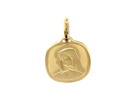 18K YELLOW GOLD PENDANT SQUARE MEDAL VIRGIN MARY 16mm ENGRAVABLE.