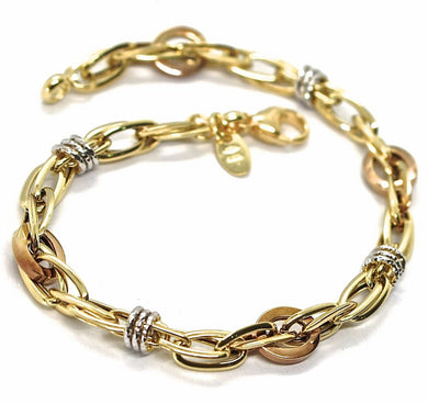 18K YELLOW WHITE ROSE GOLD BRACELET, ALTERNATE CIRCLES AND OVALS, MADE IN ITALY.