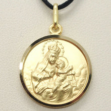 Load image into Gallery viewer, 18k yellow gold Scapular Our Lady of Mount Carmel Sacred Heart medal big 19mm Virgin Mary of Carmen pendant.
