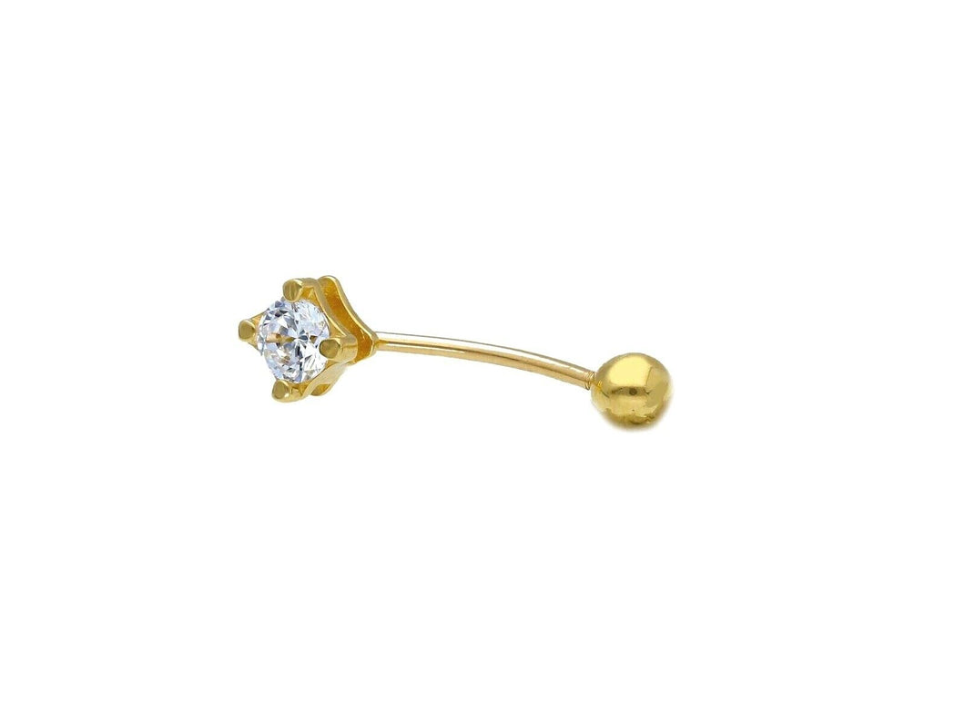 18K YELLOW GOLD PIERCING BARBELL CURVE BANANA BALLS 4mm BELLY BODY WITH ZIRCONIA