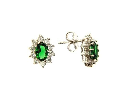 18k white gold flower earrings oval green crystal and cubic zirconia frame.