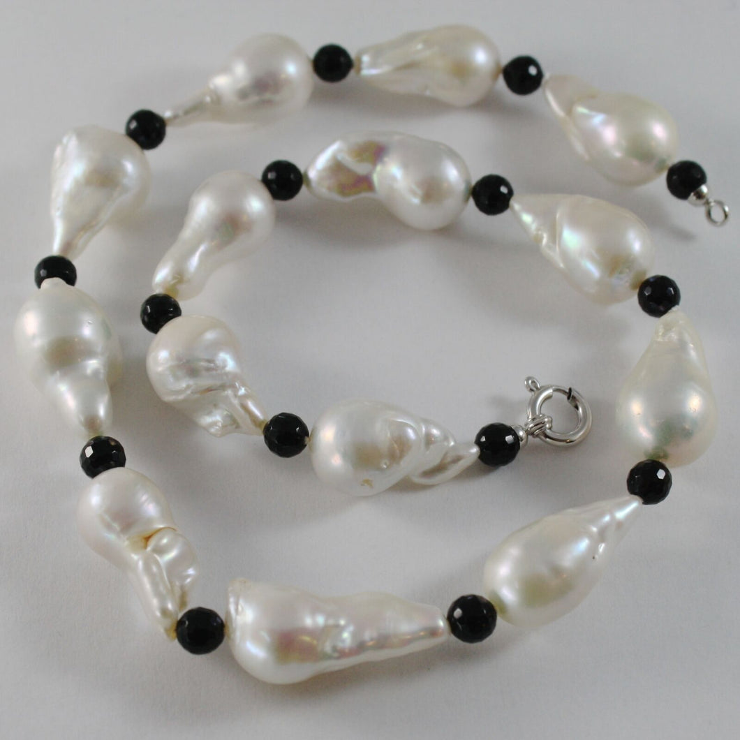 18k white gold necklace big drop baroque pearl pearls 25 mm & onyx made in Italy.