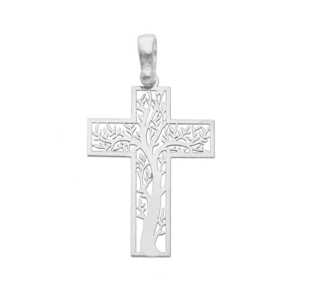 18K WHITE GOLD FLAT SQUARE STYLIZED CROSS WITH TREE OF LIFE, LENGTH 24 mm, 0.94