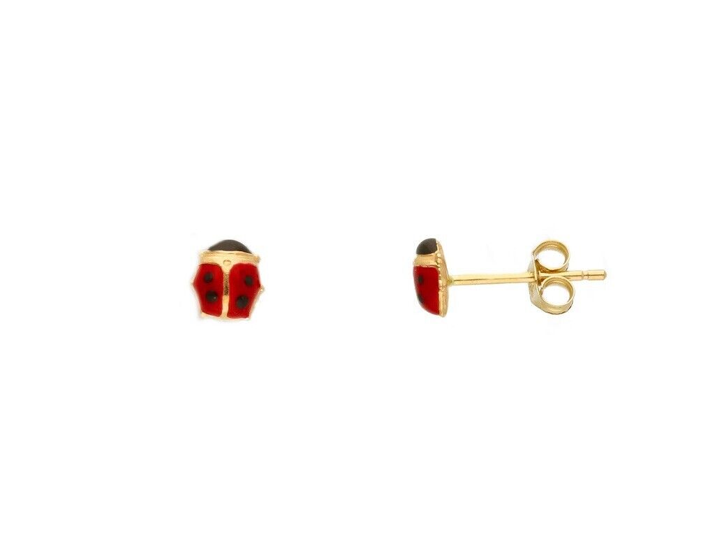 18k yellow gold small puffed 5mm ladybug stud enamel earrings, butterfly closure.