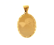 Load image into Gallery viewer, SOLID 18K YELLOW GOLD GUARDIAN ANGEL OVAL MEDAL, 20mm WITH WORKED FRAME.
