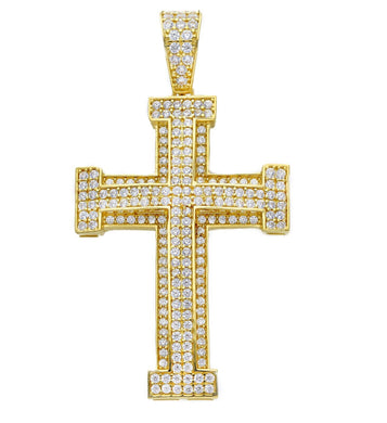 18K YELLOW GOLD BIG 30mm CROSS WITH WHITE ROUND CUBIC ZIRCONIA VERY SHINY.