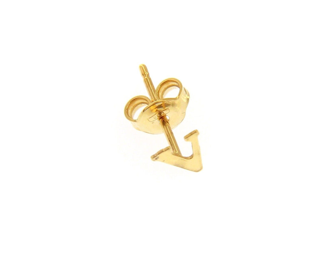 18K YELLOW GOLD BUTTON SINGLE EARRING, FLAT SMALL LETTER INITIAL V 6mm 0.24