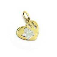 18k yellow white gold medal 14mm heart pendant, guardian angel, boy girl kids.