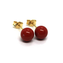 Load image into Gallery viewer, 18k yellow gold 7mm spheres intense red reconstructed coral button earrings.
