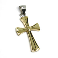 18K YELLOW WHITE GOLD CROSS, SQUARED 30mm, 1.18 inches, CARVED ROUNDED TUBE.