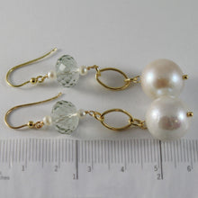 Load image into Gallery viewer, 18k yellow gold pendant earrings with big 12 mm white fw pearls and prasiolite.
