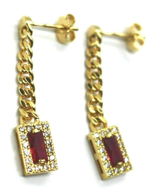 18K YELLOW GOLD PENDANT EARRINGS, GOURMETTE CUBAN CURB CHAIN, RED ZIRCONIA.