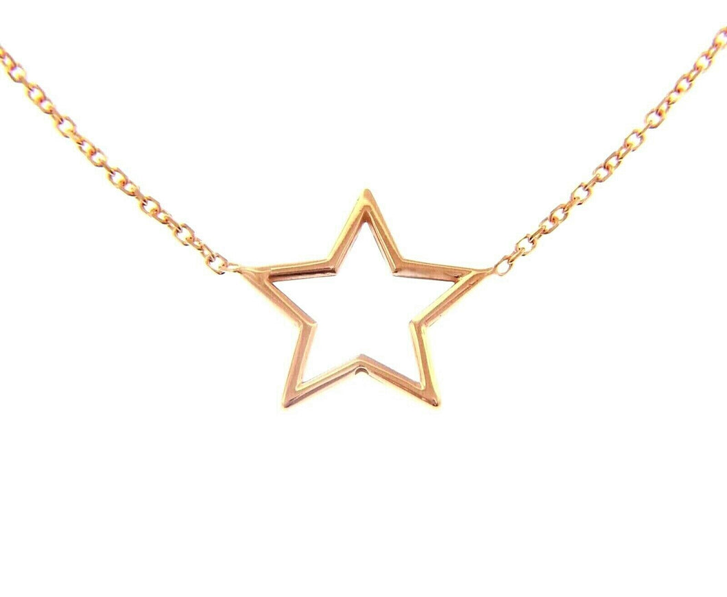 18k rose gold necklace 16mm central star, rolo oval 1mm chain 42cm 16.5