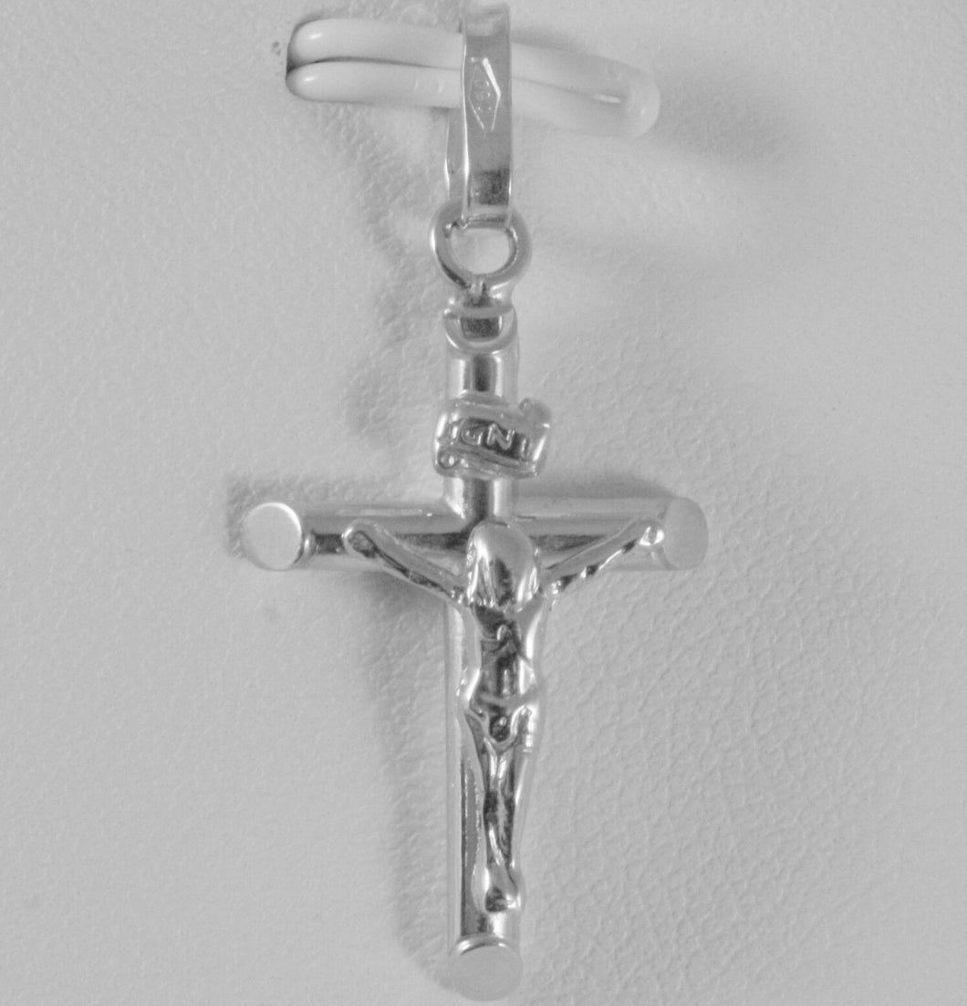 18k white gold cross with Jesus, rounded tube, shiny 1.22 inches, made in Italy