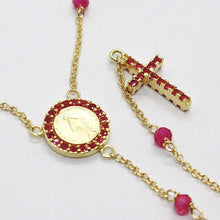 Load image into Gallery viewer, 18k yellow gold rosary necklace, faceted red ruby root, Cross &amp; miraculous medal.
