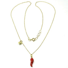 Load image into Gallery viewer, 18K YELLOW GOLD NECKLACE WITH RED ENAMEL MINI HORN &amp; HEART PENDANT, 16.5&quot; CHAIN

