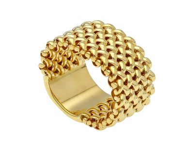SOLID 18K YELLOW GOLD BAND FLEXIBLE RING OVAL ROUNDED CROSSED BRAIDED LINKS 16mm.