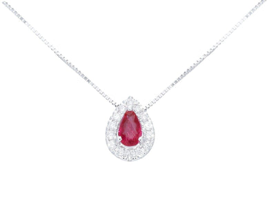 18k white gold necklace 0.25ct ruby & diamonds drop pendant, venetian chain.