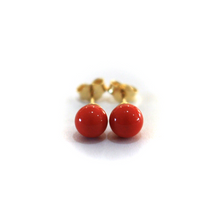 Load image into Gallery viewer, 18k yellow gold 6mm spheres intense red reconstructed coral button earrings.
