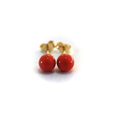 18k yellow gold 6mm spheres intense red reconstructed coral button earrings.