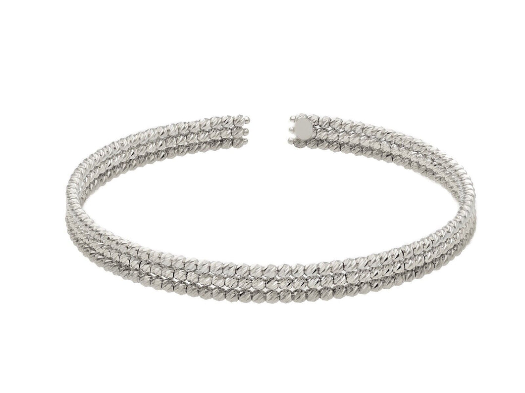18k white gold bangle rigid bracelet triple row diamond cut worked 2mm spheres.