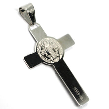 Load image into Gallery viewer, SOLID 18K WHITE GOLD BIG FLAT CROSS WITH JESUS &amp; SAINT BENEDICT MEDAL, 38 mm.
