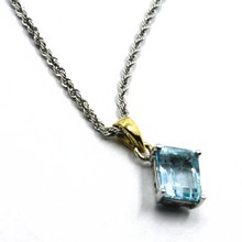 Load image into Gallery viewer, 18k white yellow gold square blue topaz emerald cut pendant rope chain necklace.
