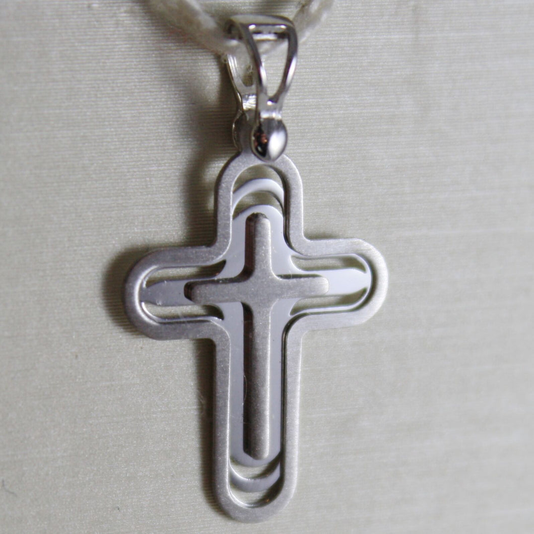SOLID 18K WHITE GOLD CROSS, PENDANT, STYLIZED, ROUNDED, SATIN, MADE IN ITALY