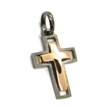 Load image into Gallery viewer, SOLID 18K BLACK &amp; ROSE GOLD DOUBLE CROSS, 0.9 INCHES, MADE IN ITALY SMOOTH SATIN.
