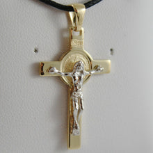 Load image into Gallery viewer, 18k yellow white gold Cross with Jesus &amp; st Saint Benedict medal.
