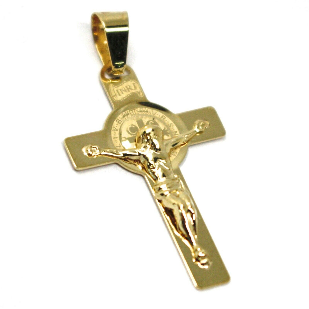 SOLID 18K YELLOW GOLD FLAT CROSS WITH JESUS & SAINT BENEDICT MEDAL, 28 mm.
