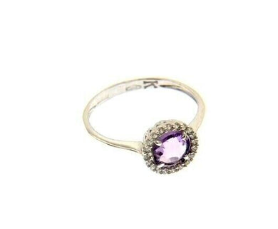 18k white gold ring cushion round purple amethyst and cubic zirconia frame.