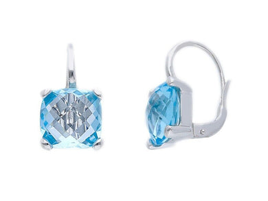 18k white gold four prongs pendant earring with big 10mm blue topaz cushion cut.